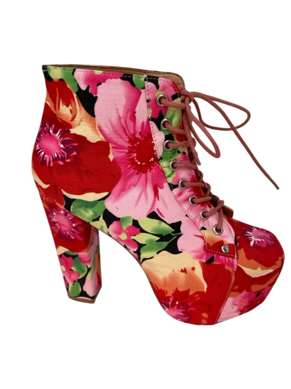 Jeffery Campbell Lita Fab Ankle Boots Floral Lace Up Platform Booties Pink Red 6